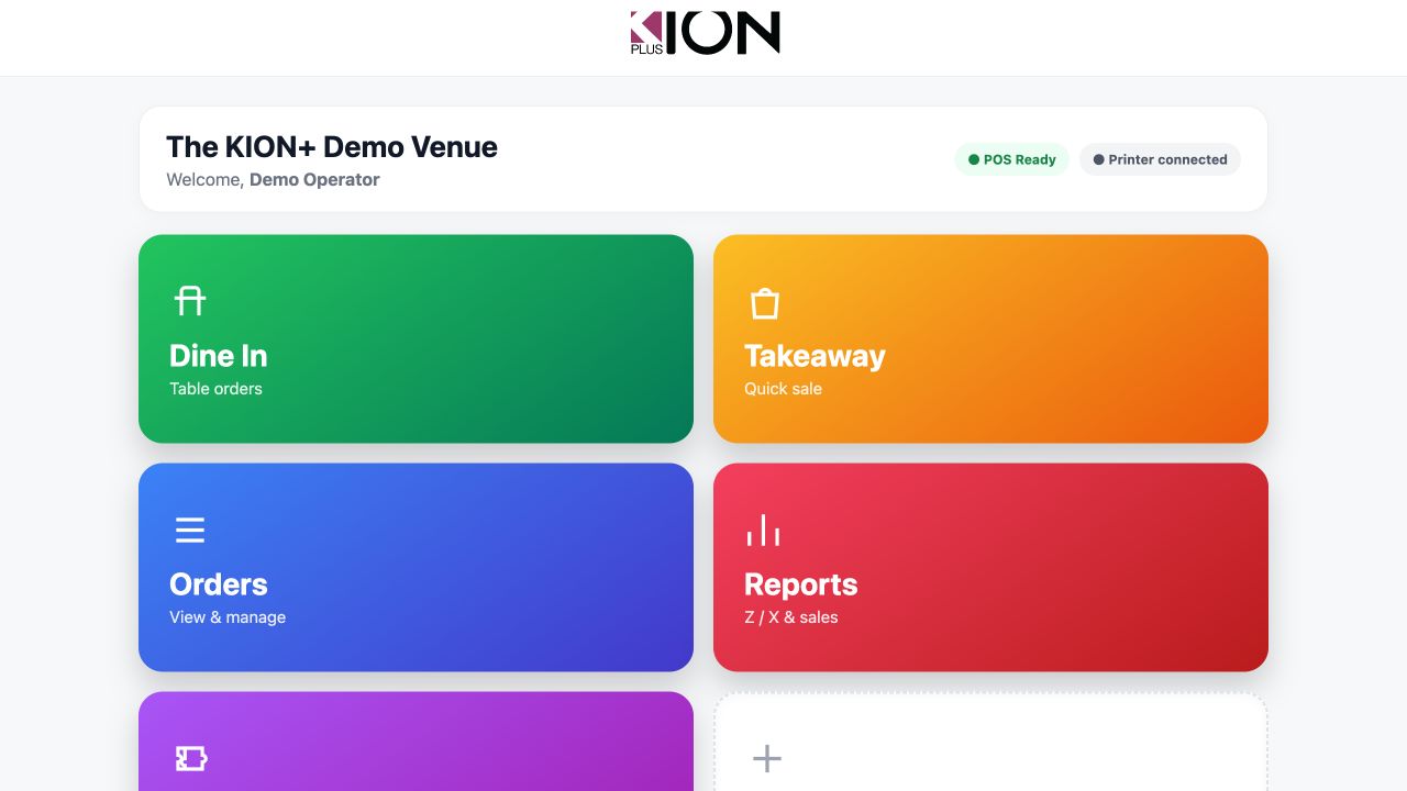 Real KION Plus POS home screen showing dine in, takeaway, orders, reports and vouchers